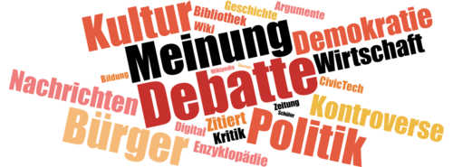 Wortwolke: Debatte, Enzyklopädie, Wiki, Kontroverse, Argumente, Meinung, Politik