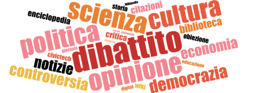Word cloud: dibattito, enciclopedia, wiki, controversia, obiezione, opinione, politica, democrazia, educazione